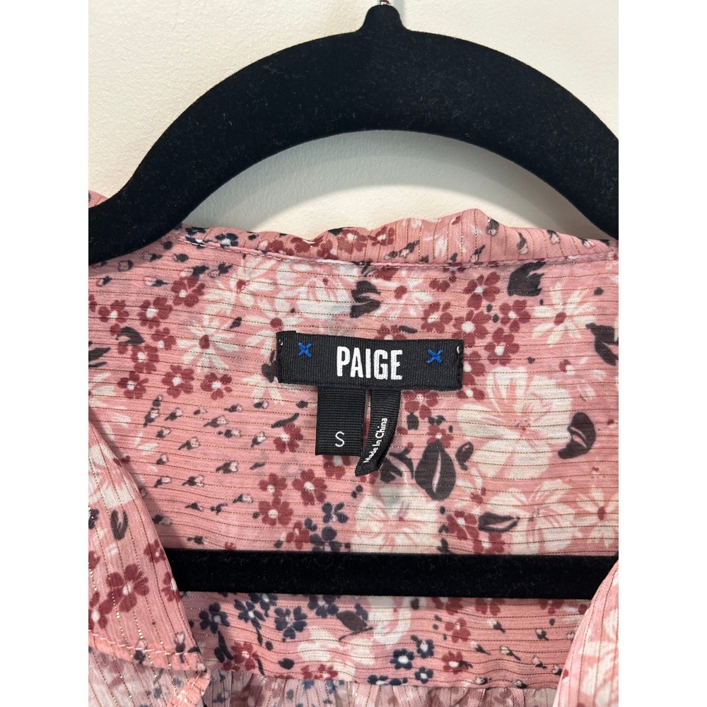 PAIGE Pink Floral Ruffle Blouse Metallic Shimmer Tie Neck Boho Romantic Top S - Picture 4 of 8